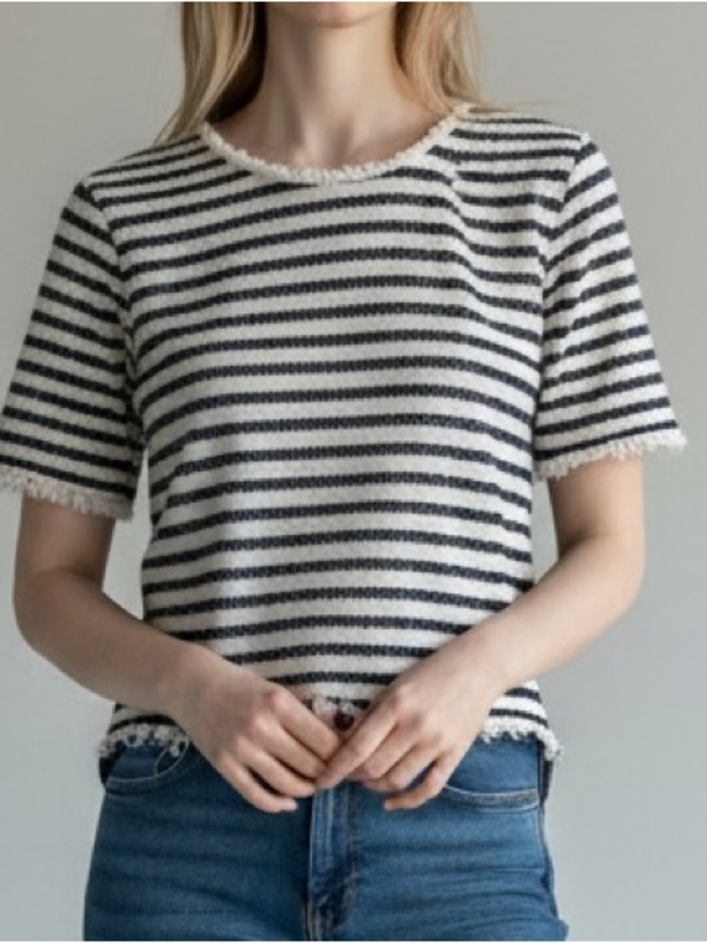 Saks Fifth Avenue Navy and White Striped Knit Tee